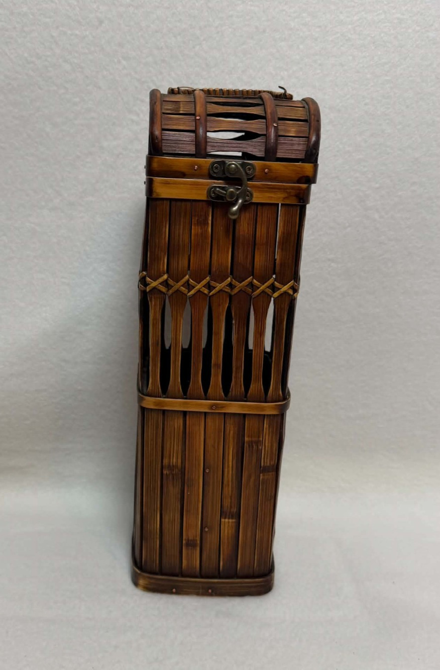 Bamboo Wooden Vintage Wine Liquor Bottle Carrier Handle Clasp Farmhouse Boho